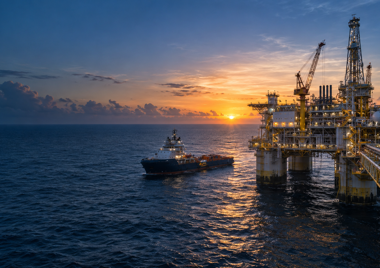 Offshore platform and marine support vessel at sunset